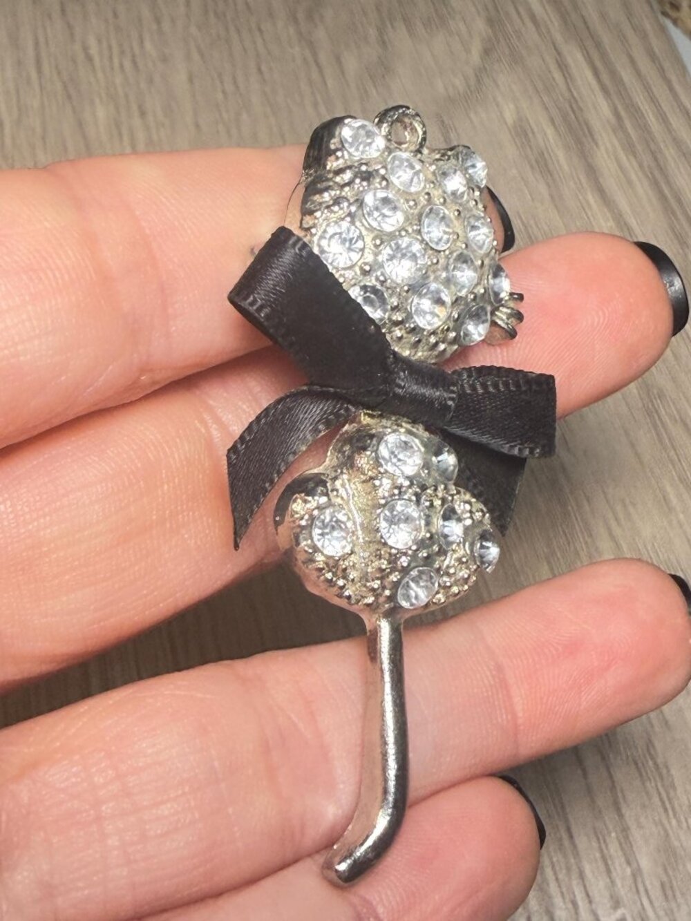 Cat Pendant OOAK Vintage Rhinestone  Black Bow Kitty Charm Silver Tone 2.5" - Picture 3 of 7